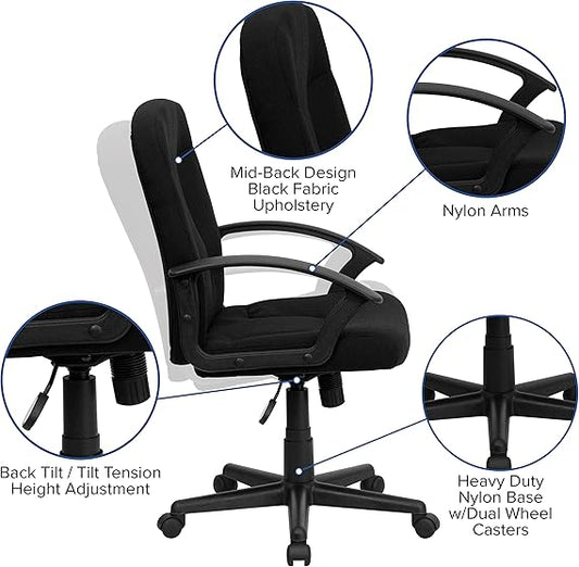 Flash Furniture Garver Mid-Back Black Fabric Executive Swivel Office Chair with Nylon Arms